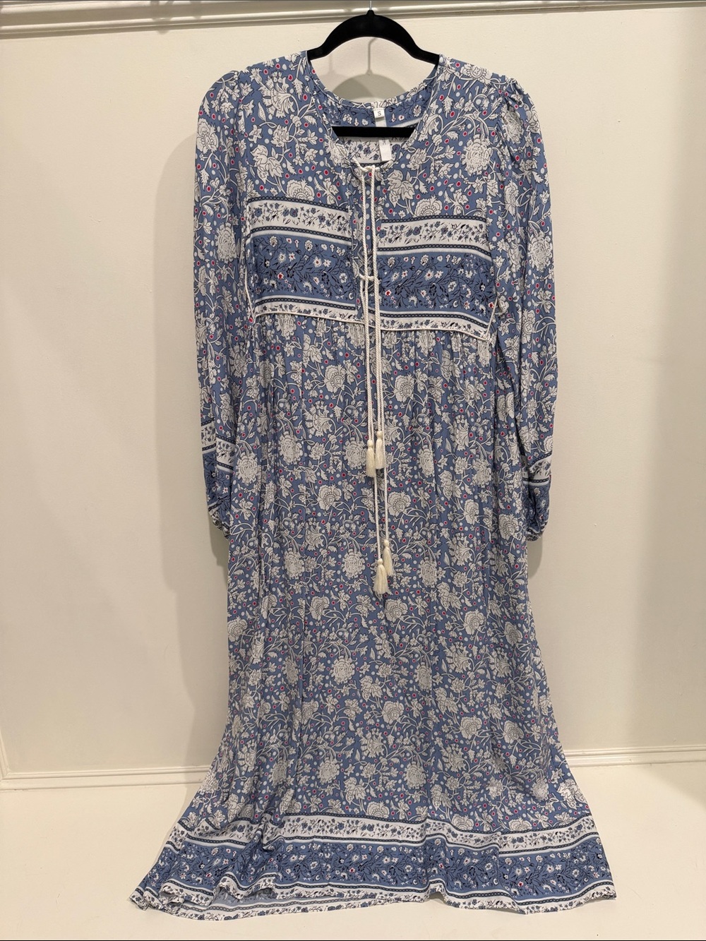 70/21 Blue Floral Boho Tassel Maxi Dress